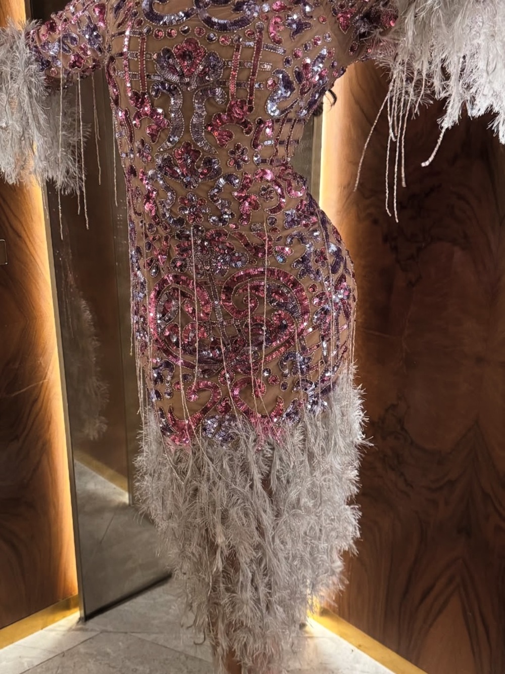 Embellished Feather Hem Bodycon Dress in Nude with Pink Accents